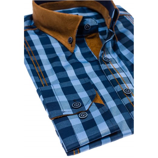 Niebieska koszula męska elegancka w kratę z długim rękawem Denley 6865