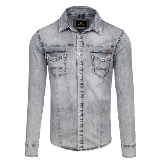 Szara koszula męska jeansowa z długim rękawem Denley 4416