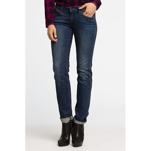 Granatowe jeansy damskie Wrangler jesienne w miejskim stylu 