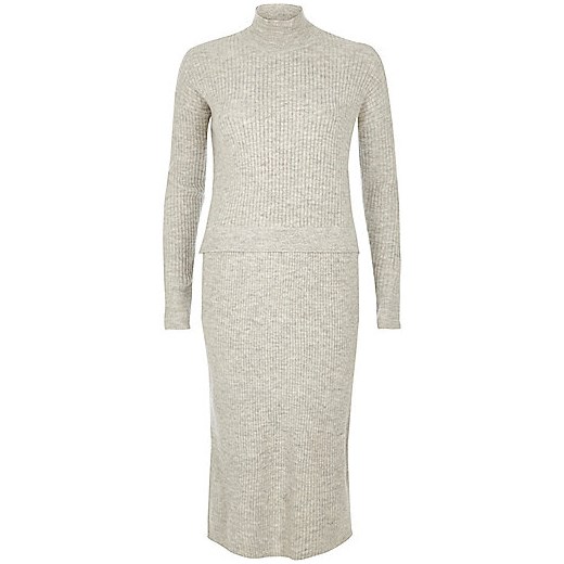 Grey ribbed knit 2 in 1 dress  River Island   