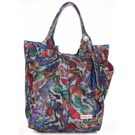 Torba Skórzana Shopper Bag VITTORIA GOTTI Made in Italy w Motyle Multikolor - Niebieska (kolory)