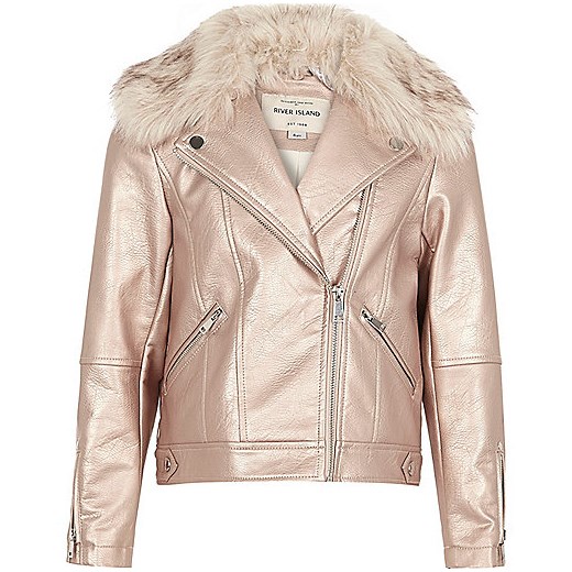 Girls metallic pink faux fur biker jacket 