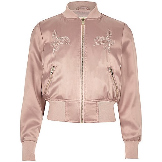 Girls pink satin embroidered bomber jacket 