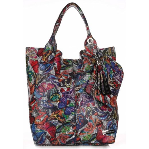 Torba Skórzana Shopper Bag VITTORIA GOTTI Made in Italy w Motyle Multikolor - Czarna (kolory) bialy Vittoria Gotti  PaniTorbalska