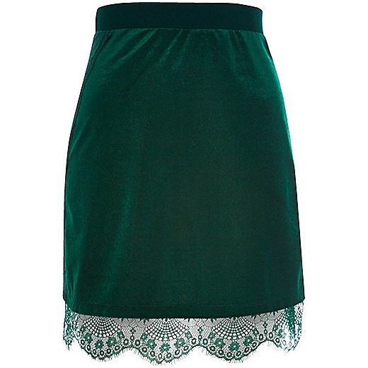Dark green velvet lace trim mini skirt   River Island  