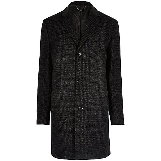 Dark grey check wool blend overcoat 