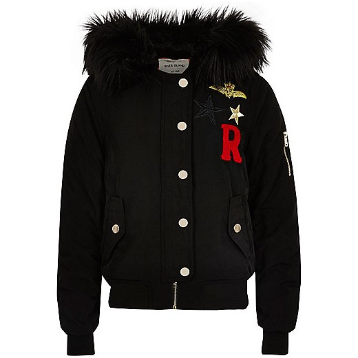 Girls black badge hooded bomber jacket 