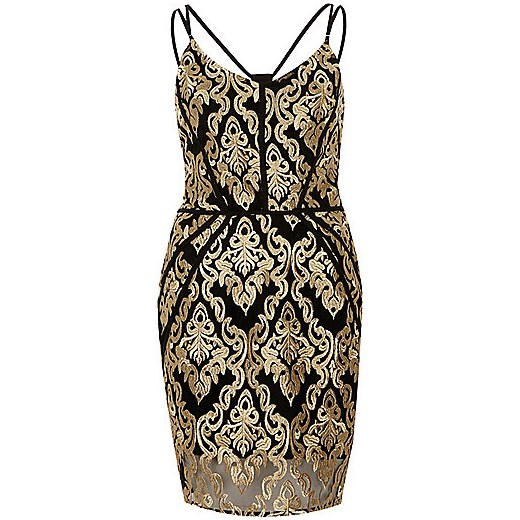 Gold embroidered bodycon dress   River Island  
