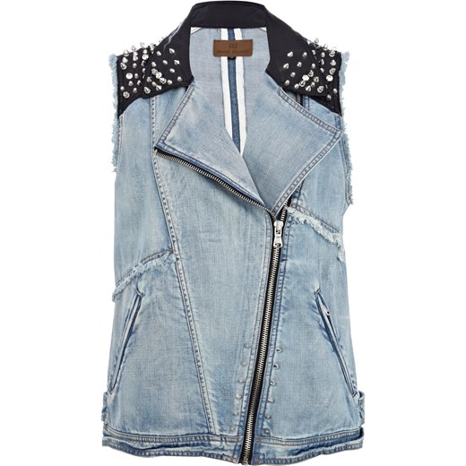 Denim leather look collar studded gilet