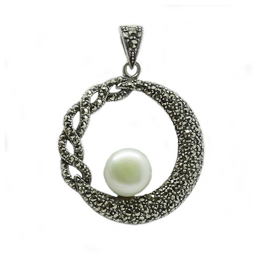 SELENE ; Srebrny wisiorek z perłą i markazytami bialy Braccatta  