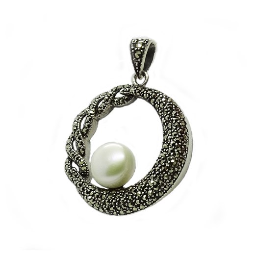 SELENE ; Srebrny wisiorek z perłą i markazytami Braccatta bialy  