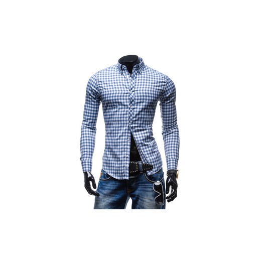 Błękitna koszula męska elegancka w kratę z długim rękawem Denley 0712
