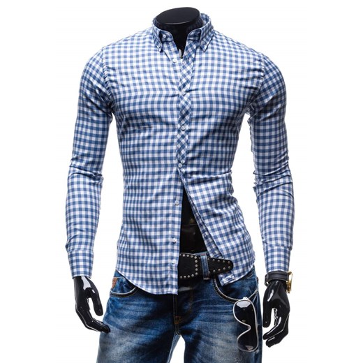 Błękitna koszula męska elegancka w kratę z długim rękawem Denley 0712