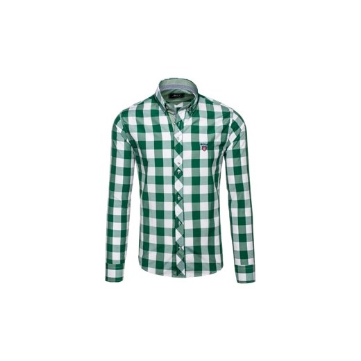 Zielona koszula męska w kratę z długim rękawem Bolf 6888  Bolf XL promocyjna cena Denley.pl 