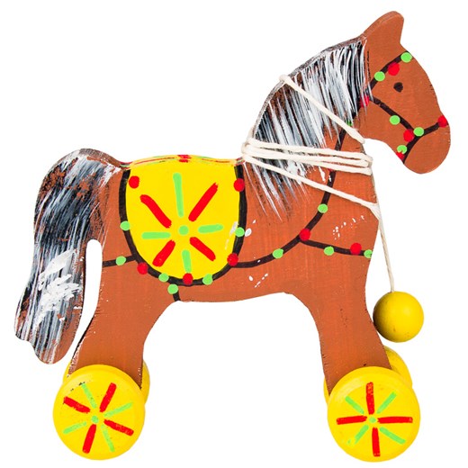 Tradycyjna zabawka ludowa - folk konik na kółkach - brązowy z kulką