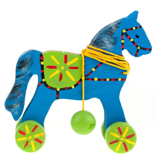 Tradycyjna zabawka ludowa - folk konik na kółkach - niebieski z kulką