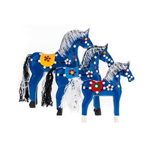 Tradycyjna zabawka ludowa - ręcznie rzeźbiony konik w ludowe wzory - duży - niebieski