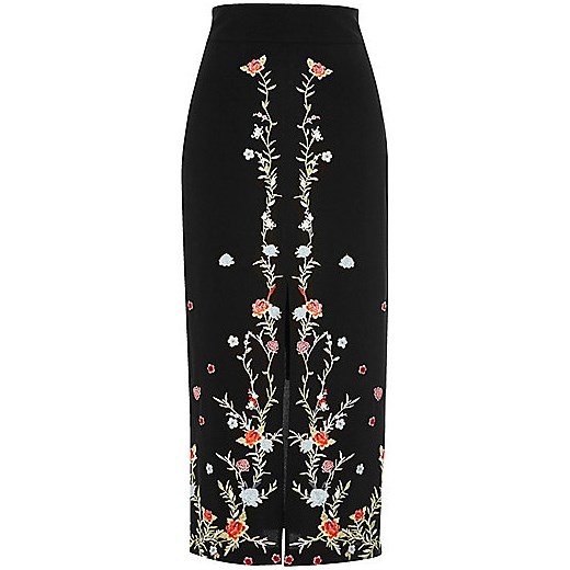 Black floral embroidered pencil midi skirt 