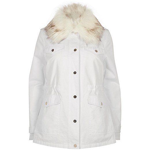 White faux fur collar parka  szary River Island  