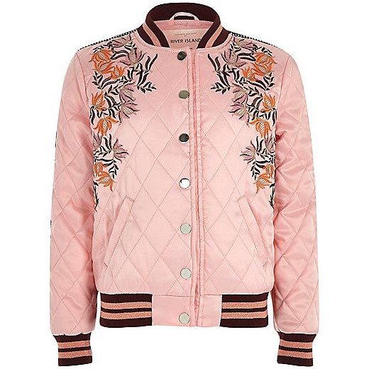 Girls pink embroidered quilt bomber jacket   River Island  