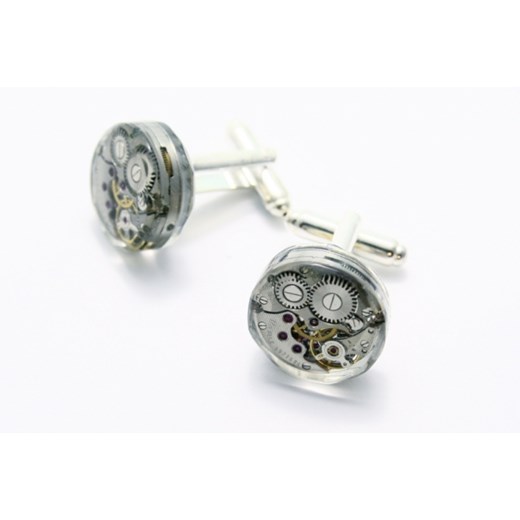 Spinki do mankietów w stylu steampunk z werkami zegarowymi na srebrnych zapięciach bialy   Pulchra