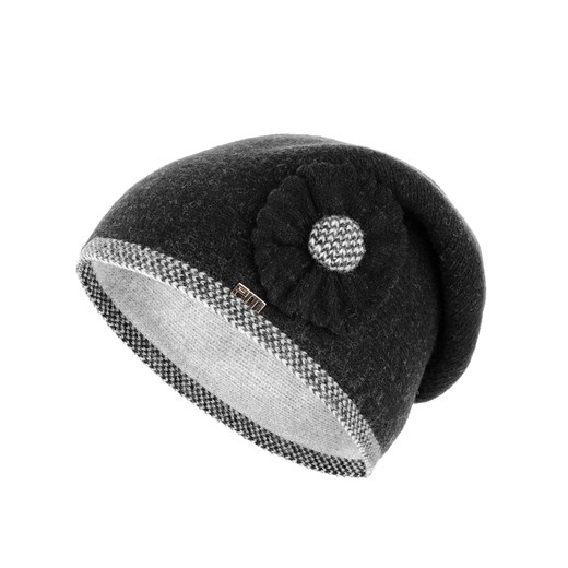 Czarno-szara wełniana czapka z ozdobą czarny   Primamoda