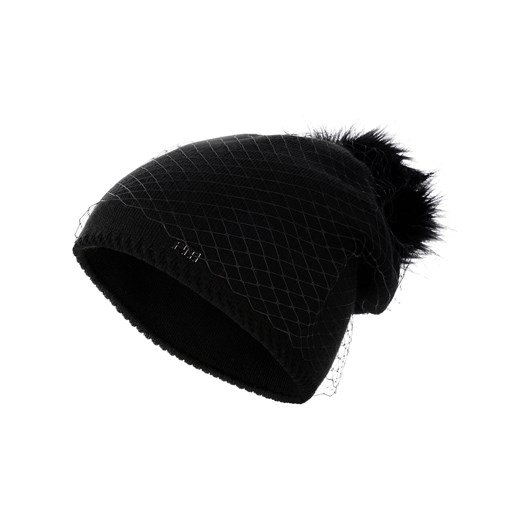 Wełniana czarna czapka z pomponem i woalką