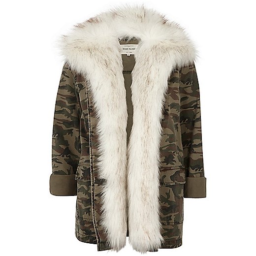 Khaki camo print faux fur lined army jacket  River Island   
