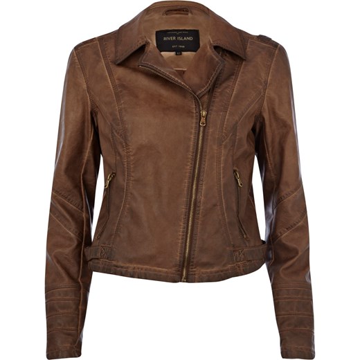 Brown leather look over dye biker jacket