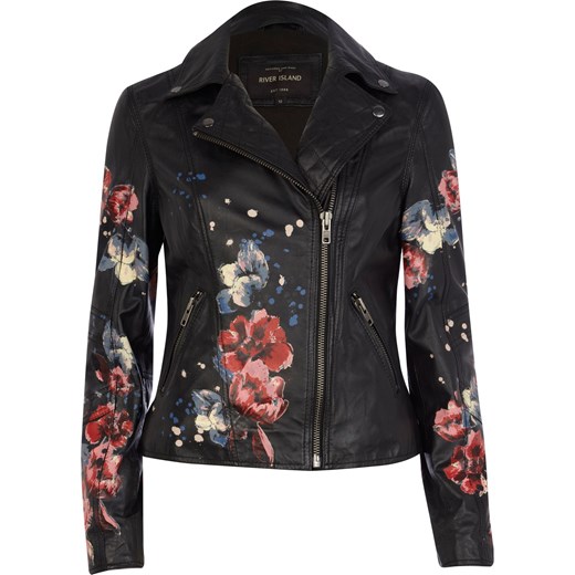 Black leather floral print biker jacket