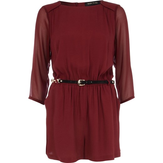 Red sheer sleeve belted playsuit