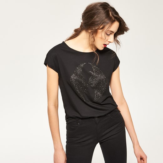 Reserved - T-shirt z błyszczącym nadrukiem - Czarny bezowy Reserved XS 