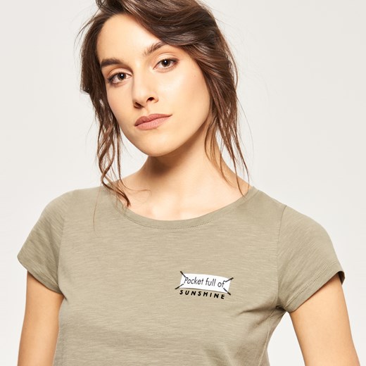 Reserved - T-shirt z minimalistycznym nadrukiem - Zielony Reserved brazowy L 