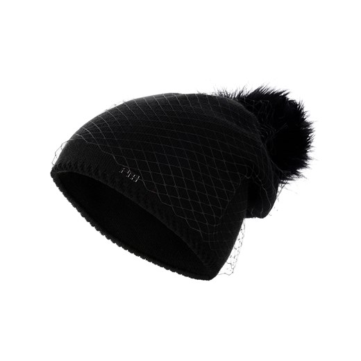 Wełniana czarna czapka z pomponem i woalką