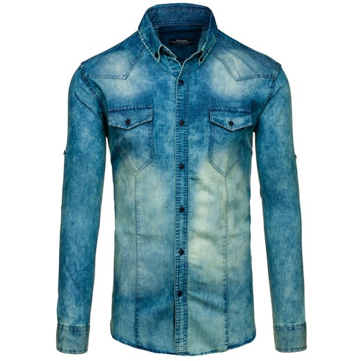 Granatowo-szara koszula męska jeansowa z długim rękawem Denley 0895  Denley.pl M  wyprzedaż 