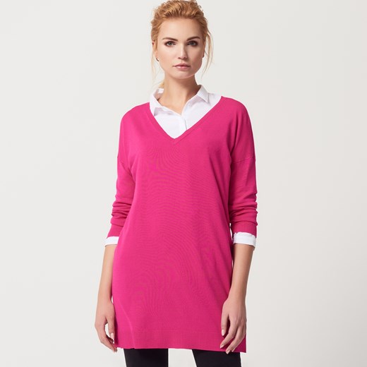 Mohito - Długi sweter z dekoltem w szpic - Różowy