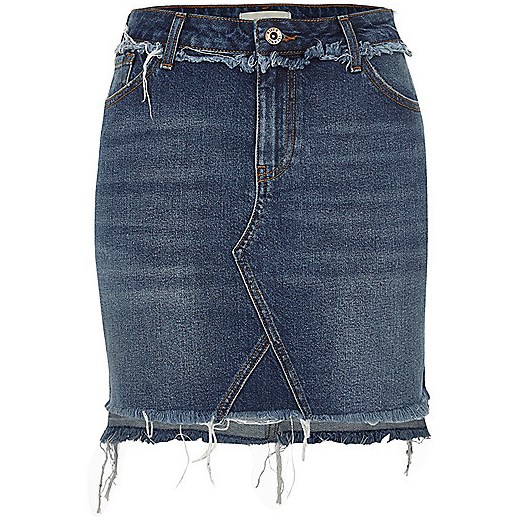 Dark blue stepped hem denim skirt 