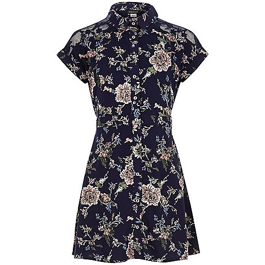 Girls navy floral print shirt dress 