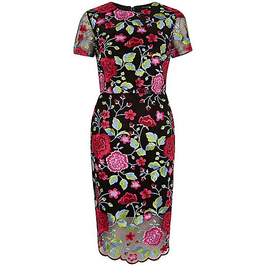 Pink embroidered floral mesh dress  River Island   