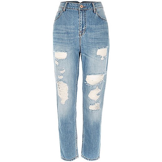 Mid blue wash ripped Mom jeans 