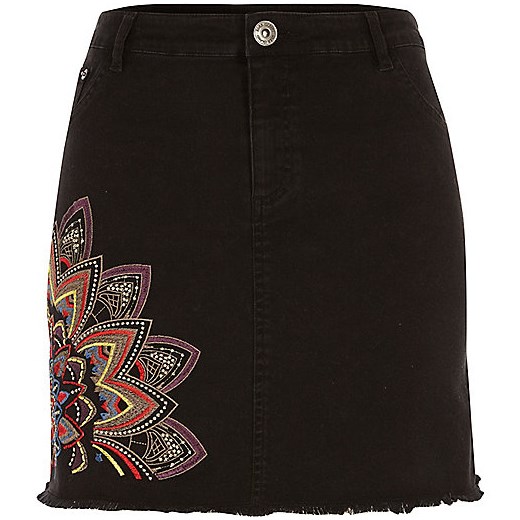Black embroidered denim mini skirt   River Island  