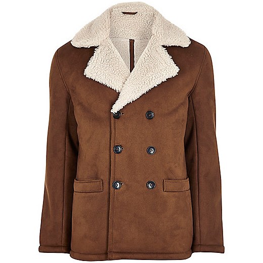 Brown double breasted borg collar pea coat 