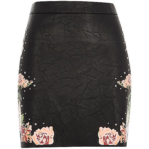Black faux leather floral mini skirt   River Island  