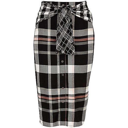 Black check print tie waist button skirt   River Island  
