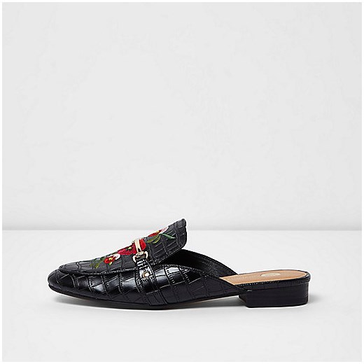 Black embroidered floral backless loafers   River Island  