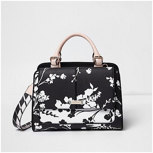 Black and white floral top bar tote bag 