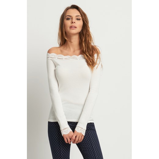 Sweter z dekoltem carmen i koronką bezowy Orsay S orsay.com