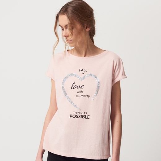 Mohito - Bawełniana koszulka z cekinową aplikacją - Różowy Mohito bezowy S 