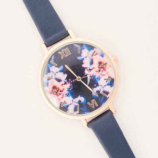 House - Zegarek z kwiatową tarczą - Granatowy