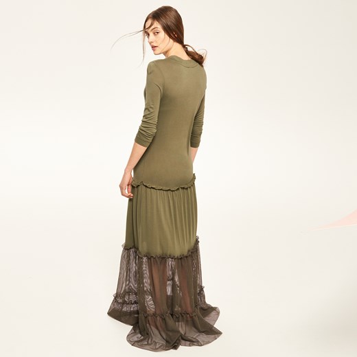 Reserved - Długa sukienka z koronkowym dołem - Zielony brazowy Reserved S 